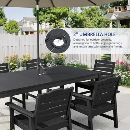 7-Piece Patio Dining Set, 63" Outdoor Dining Rectangle Table w/Aluminum Frame and 6 Chairs, Weatherproof HIPS Dining Furniture with Umbrella Hole, for Backyard Garden Deck Poolside, Black - size: 7pcs set