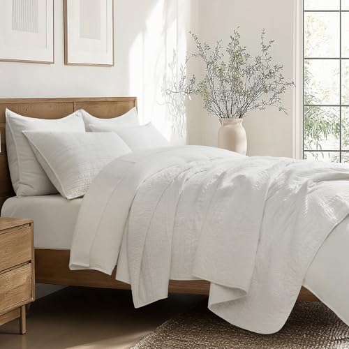 EVERGRACEHOME 100% Cotton Modern Lines Quilt Set Queen Size, Bright White | Pre-Washed Soft Cotton, Striped Coverlet Bedspread, 3 Piece Lightweight Bedding Set for All Season, with 2 Pillow Shams - color: Bright White, size: Full/Queen (92" X 92")