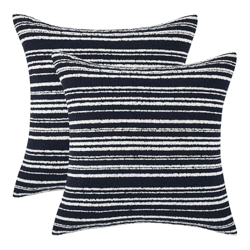 Chenille Striped Throw Pillow Covers 18x18, Set of 2, Navy Blue | Soft Textured Decorative Cushion Covers for Couch, Sofa and Bed, Coastal, Nautical, Modern Farmhouse and Boho Decor - color: Blue
