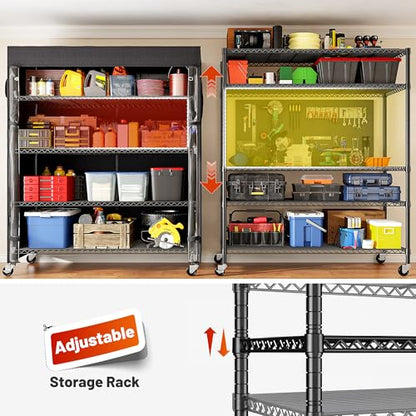 REIBII 45"W 5-Tier Storage Shelves with Cover & Wheels, 1100 lbs for pantry | 17.7''Dx72.8''H, UV/Waterproof zippered cover, Side pockets, Wheels lockable&removable, Height adjustable, Tool-free, Garage - size: 45" W x 17.72" D x 72.83" H