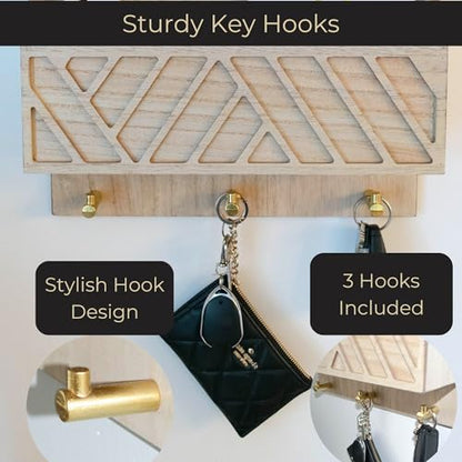 BLU MONACO Wall-Mounted Mail and Key Holder – Natural Wood 2-Tier Letter Organizer with 3 Hooks | Entryway Command Center for Mail, Keys, and Documents - color: Natural Wood
