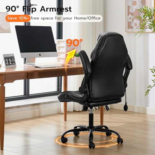 Ylzyxal Office Desk Chair, Ergonomic Computer Chair with Padded Flip-Up Arms and Adjustable Lumbar Support, PU Leather Executive Chair with Tilt Lock and 360° Swivel Rolling Wheels for Work, Study - color: Black