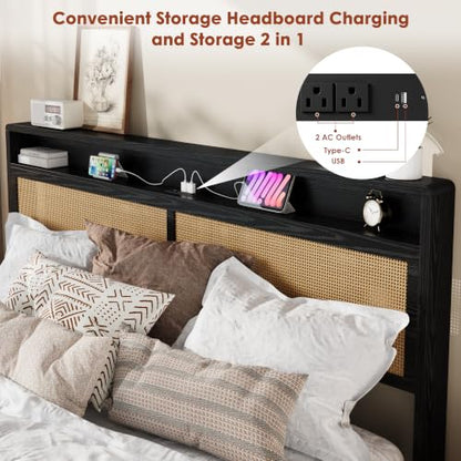 Garvee King Wooden Rattan Bed Frame Bohemian with Storage and LED Lights | Cane Headboard with Charging Station, Wooden Slats, Noise-free, No Box Spring. Country Farmhouse Bed Frames Black - color: Black, size: King