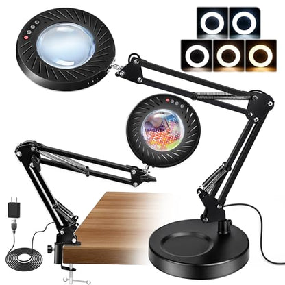 Akynite 12X Magnifying Glass with Light and Stand,5 Color 9 Levels Dimmable | Hands Free, Flexible Robot Arm, USB, with Adapter, Dual Base, 144 LED, Real Glass Magnifying Desk Lamp for Craft Close Work