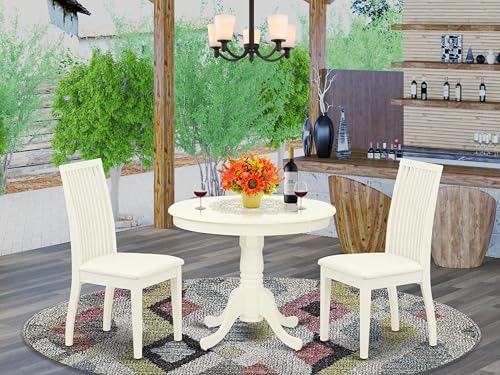 East West Furniture ANIP3-LWH-C 3 Piece Kitchen Table Set for Small Spaces Contains a Round Dining Table with Pedestal and 2 Linen Fabric Dining Room Chairs, 36x36 Inch, Linen White - color: Anip3-lwh-c