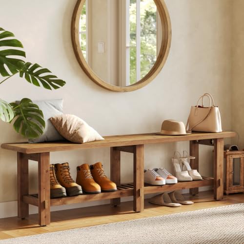 LITTLE TREE Solid Wood Entryway Shoe Bench, 63" Farmhouse Narrow End of Bed Bench with Storage Rack for Bedroom, Living Room, Entry Way, Front Door, Window, Hallway, Rustic Brown