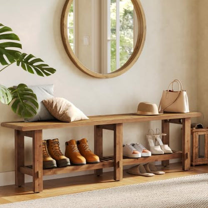 LITTLE TREE Solid Wood Entryway Shoe Bench, 63" Farmhouse Narrow End of Bed Bench with Storage Rack for Bedroom, Living Room, Entry Way, Front Door, Window, Hallway, Rustic Brown