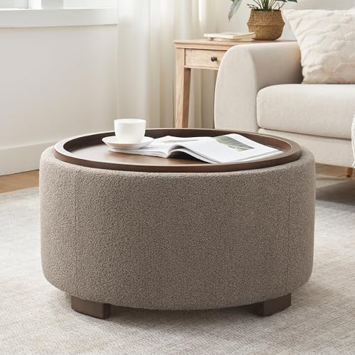 Zihanhome 30 Inch Round Storage Ottoman, Ottoman Coffee Table with Lift Off Lid, Boucle Modern Ottomans with Storage for Living Room, Bedroom, Apartments (Brown) - color: Brown