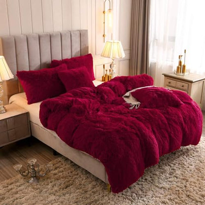 Faux Fur Velvet Fluffy Bedding Duvet Cover Set Down Comforter Quilt Cover with Pillow Sham, Ultra Soft Warm (Burgundy, Twin) - color: Burgundy, size: Twin