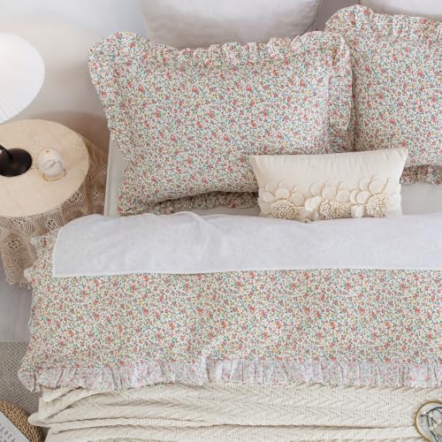 DAUAOTO Full Size Ruffle Duvet Cover Set, 100% Cotton, Kids Teen Girls Duvet Cover 82"X86" + 2 Shams, Ditsy Floral Pattern Pink - color: Pattern 10#, size: 82"x86" Full Cover + 2 Shams