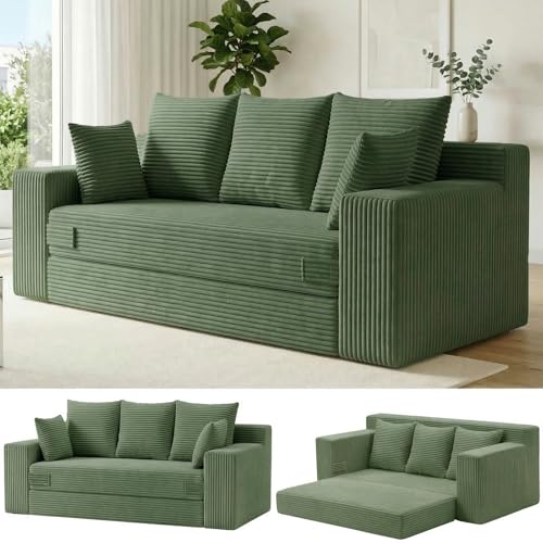 Boneless Couch for Living Room, 3 Seater Convertible Futon Sofa Bed Comfy Pull Out Couch with 5 Pillows & Detachable Washable Cover, Upholstered Floor Sofa in A Box, No Assembly Required, Green - color: Green, size: Three Seat-70''