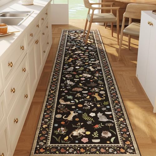 Rugcomf 2'7"x12' Kitchen Runner - Floral Cat Washable Long Hallway Runner Rug Non Slip, Boho Carpet for Entryway, Hall, Bathroom - Black - color: Black/Cat, size: 2'7" x 12' (Rectangular)