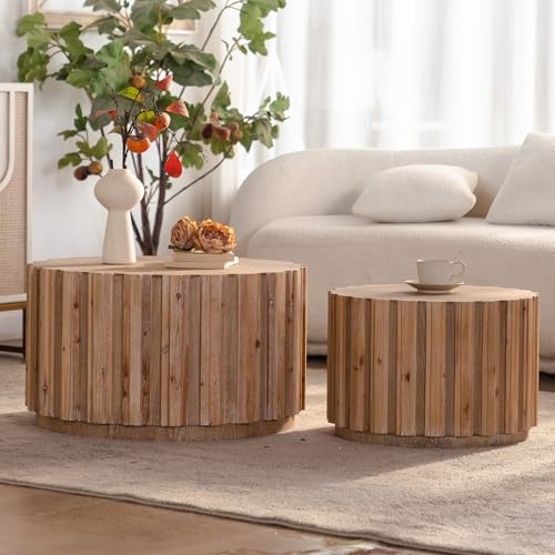 WILLIAMPSACE Round Nesting Coffee Table Set of 2, Rustic Farmhouse Wooden Drum Center Tables with Vertical Slatted Body, Tea Table for Living Room Apartment, No Assembly (19.7"+27.5", Natural) - color: 19.7"+27.5", Natural