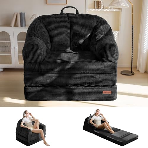 MAXYOYO Folding Sofa Bed with Backrest, Boneless Fold Out Couch with Handle | 2 in 1 Convertible Bean Bag Chair to Floor Sofa Lounger, Comfy Folding Couch for Bedroom & Living Room, Black, Single - color: Black, size: Single