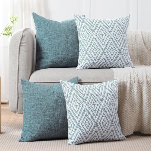 HPUK Throw Pillow Covers 20x20, Set of 4, Blue Textured Couch Pillow Covers | Polyester fabric, patterned and solid designs, hidden zippers, machine washable, for sofas and beds, inserts not included - color: Blue, size: 20" x 20" (Pack of 4)