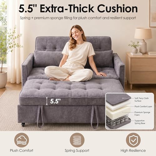 Dreamzie 55'' 3 in 1 Convertible Sofa Bed with USB Charging Ports, Pull Out Couch with Adjustable Backrest and Side Pockets, Sleeper Sofa for Living Room, Apartment, RV, Easy Assembly - Grey - color: Grey
