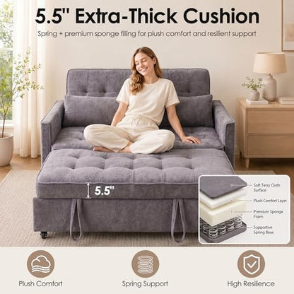 Dreamzie 55'' 3 in 1 Convertible Sofa Bed with USB Charging Ports, Pull Out Couch with Adjustable Backrest and Side Pockets, Sleeper Sofa for Living Room, Apartment, RV, Easy Assembly - Grey - color: Grey