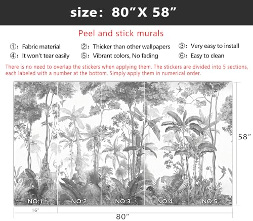 YIHWM-Peel and Stick Tropical Rainforest Wallpaper Grey Jungle Plants Mural | Tear-resistant,with a substantial feel;Will not be damaged during repositioning.Bathroom,Bedroom wallpaper.S-80"x58" - color: Yh14, size: 80"x58"