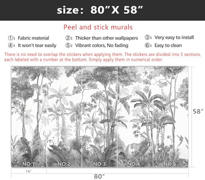 YIHWM-Peel and Stick Tropical Rainforest Wallpaper Grey Jungle Plants Mural | Tear-resistant,with a substantial feel;Will not be damaged during repositioning.Bathroom,Bedroom wallpaper.S-80"x58" - color: Yh14, size: 80"x58"