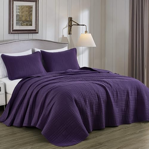 Chezmoi Collection Kingston Queen Size Bedspread Set, 3-Piece Dark Purple Oversized Quilted Microfiber Lightweight Bedspread Coverlet (100"x106") for All Seasons - color: Dark Purple, size: Queen