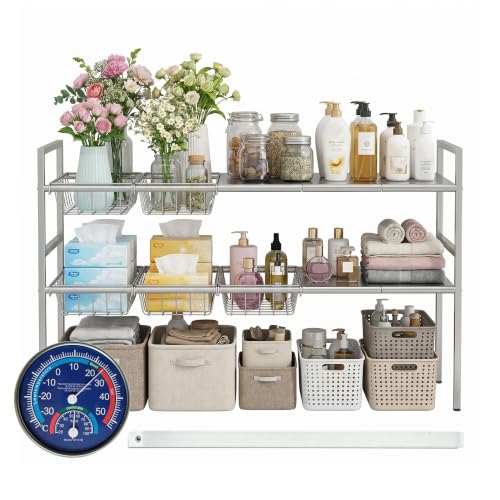 Under-Sink Organizer 2-Tier Expandable Cabinet Storage (5 panels 5baskets) | LED Motion-Sensing Auxiliary Lighting Dial Thermometer Stainless Steel Telescopic & Adjustable Rust-Resistant - size: 5 panels 5baskets