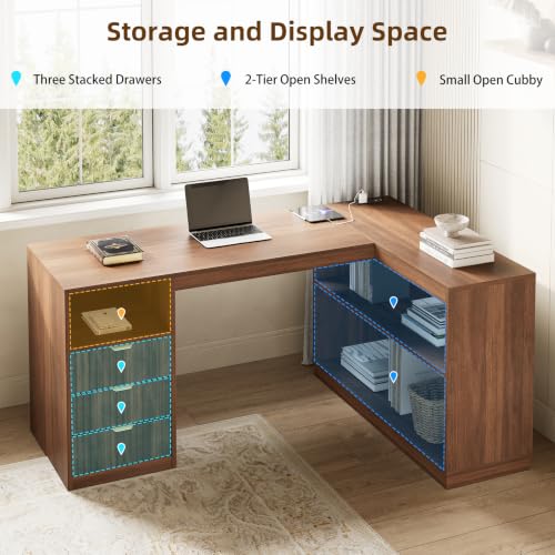 L-Shaped Home Office Desk with Storage Drawers & Shelves, Farmhouse Computer Desk with Power Outlet, 51.25" Writing Desk for Home Workstation Study, Walnut