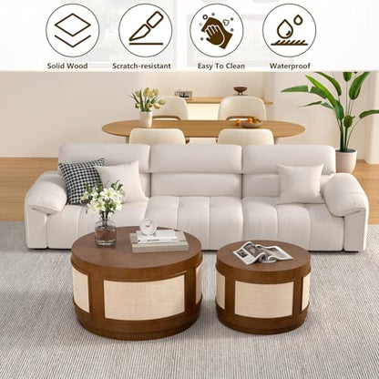 Nesting Coffee Tables Set of 2, Round Wooden, Brown | Solid Wood Frame & Fabric Veneer, Mid-Century Modern Accent Tables, End Tables, For Living Room, Bedroom & Small Spaces - color: Brown 26.8"dx15.7"h