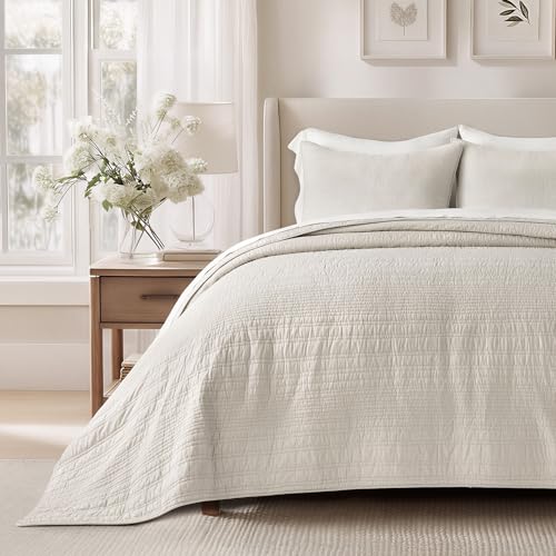 EVERGRACEHOME 100% Cotton Quilt Set Oversized Cal King, Birch | Pre-Washed Soft Cotton, Striped Coverlet Bedspread, 3 Piece Lightweight Bedding Set for All Season, with 2 Pillow Shams - color: Birch, size: Oversized Cal King (118" X 102")