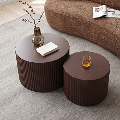 JUSTONE Round Nesting Coffee Table Set of 2 - Space-Saving Brown Modern Wooden Accent Tables for Small Spaces, Handcrafted Wood Side/End/Bedside Tables for Living Room & Bedroom - color: 23.62" Round-brown