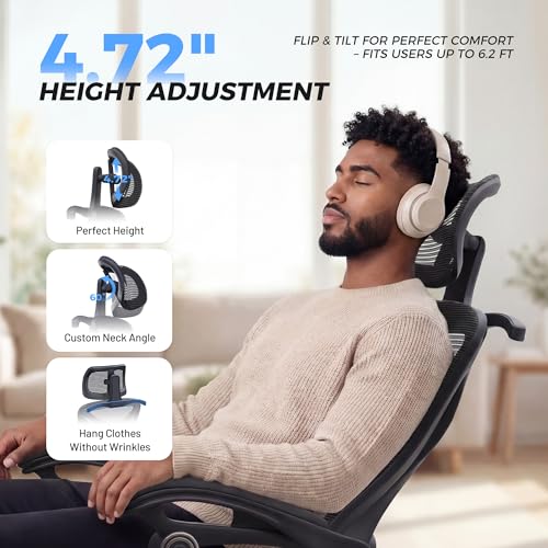 CYKOV Ergonomic Office Chair, Reclining, Footrest, Adjustable Lumbar, 350LB | 4-Way Headrest (4.72" + 60°), 2-Way Lumbar (2" + 1.18"), 90-135° Recline, Breathable Mesh, Gaming & Office, 5-Year Warranty - color: Black