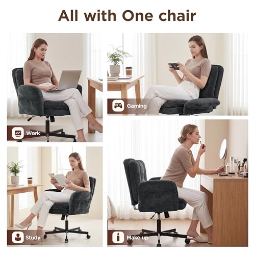FiveWillowise Cross Legged Office Chair with Flip-up Arms&Low Back,Blue | Criss Cross Chair With Thicken Wide Seat,Lounge Makeup Vanity Chairs with Side Pockets,Comfy Home Office Desk Chair,Chenille - color: Blue