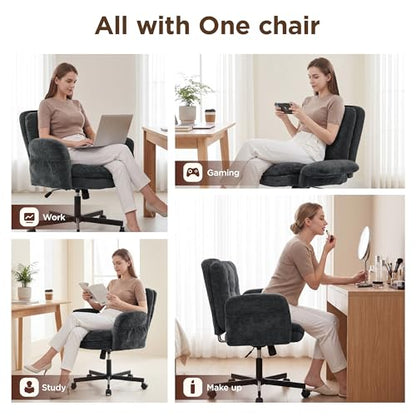FiveWillowise Cross Legged Office Chair with Flip-up Arms&Low Back,Blue | Criss Cross Chair With Thicken Wide Seat,Lounge Makeup Vanity Chairs with Side Pockets,Comfy Home Office Desk Chair,Chenille - color: Blue