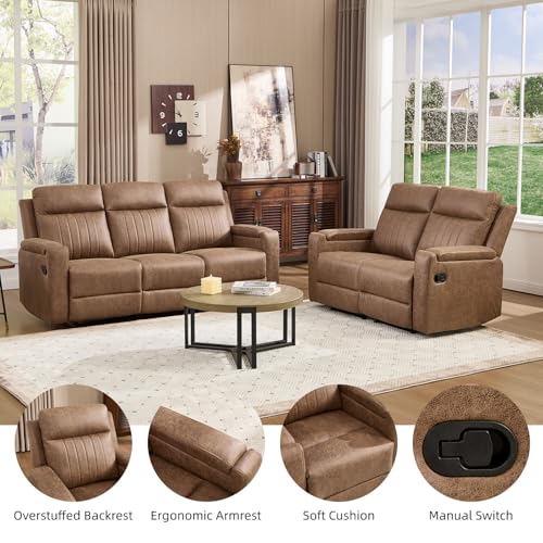 Manual Faux Leather Loveseat and Recliner Sofa Set, Wall-Hugger Reclining Living Room Furniture Set, 2-Seater Recliner Chair, 3-Seat Reclining Sofa Couches for Living Room, Villa, L-Brown, 2+3 - color: Light Brown, size: 58"W+79"W（2+3）