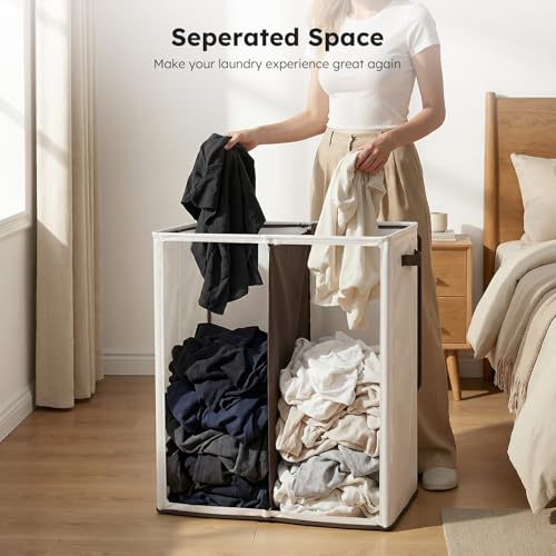 SOLEDI Luxury Double Laundry Hamper with Lid and Removable Bags, 38.3 Gal Large Laundry Bin, Laundry Basket 2 Sections, Collapsible Clothes Hamper for Bedroom, Laundry Room, Bathroom, Off-white - color: Off White, size: 145l