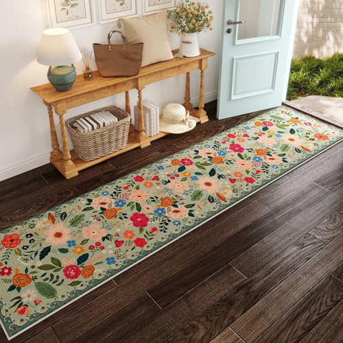 Rugcomf Washable Kitchen Runner 2'7"x12' - Floral Long Hallway Runner Rug Non Slip, Boho Carpet for Entryway, Hall, Bathroom - Green - color: Green, size: 2'7" x 12' (Rectangular)