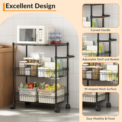 Black 3 Tier Rolling Storage Cart, Metal Wire Kitchen Cart with Baskets & Handle, Utility Trolley on Wheels for Kitchen, Bathroom, Laundry, Pantry & Office - color: Black