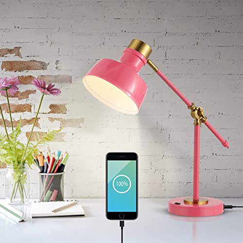 JONATHAN Y Allegra Metal Task Desk Lamp USB Port 18.5", Pink/Brass Gold | Adjustable Cantilever, Vintage Farmhouse Style, Home Office Reading Light, LED Bulb Included - color: Pink/Brass Gold