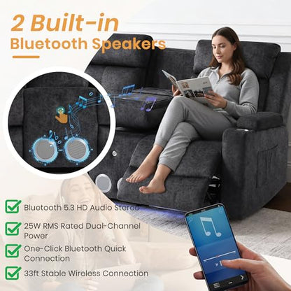 Power Reclining Sofa with 4 LED Lights, Bluetooth Speaker, Power Reclining Loveseat with Drop Down Table,Outlets, 3-Seater Recliner Sofa with Arm/Seat Storage(Grey, Loveseat with Console) - color: Grey, size: Loveseat with Console
