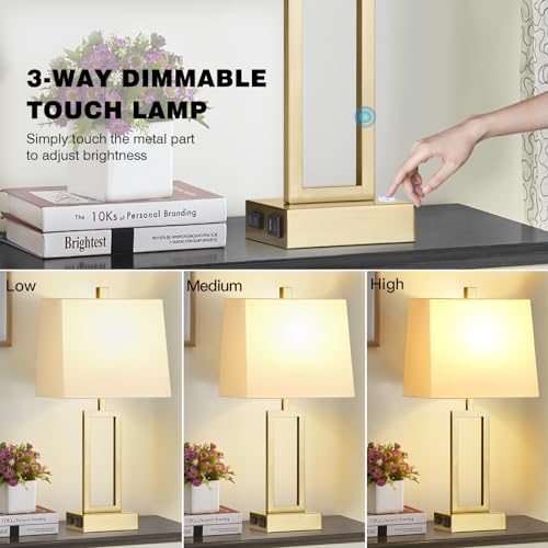 Lolikit 23.5" Touch Control Table Lamps, Metal Bedside Lamp for Bedroom Set of 2 with USB A+C Ports & AC Outlet, 3-Way Dimmable Nightstand Lamp for Living Room (LED Bulb Included) - color: Gold - 23.5"H