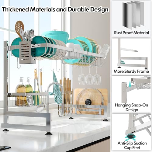 2 Tier Extra Large Stainless Steel Over The Sink Dish Drying Rack | Rust Proof Metal, Expandable Kitchen Sink Drainer, Counter Space Saving, Heavy Duty, Modern Silver, Multifunctional Storage - color: Silver, size: Over Sink 2 Tier