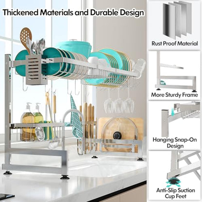 2 Tier Extra Large Stainless Steel Over The Sink Dish Drying Rack | Rust Proof Metal, Expandable Kitchen Sink Drainer, Counter Space Saving, Heavy Duty, Modern Silver, Multifunctional Storage - color: Silver, size: Over Sink 2 Tier