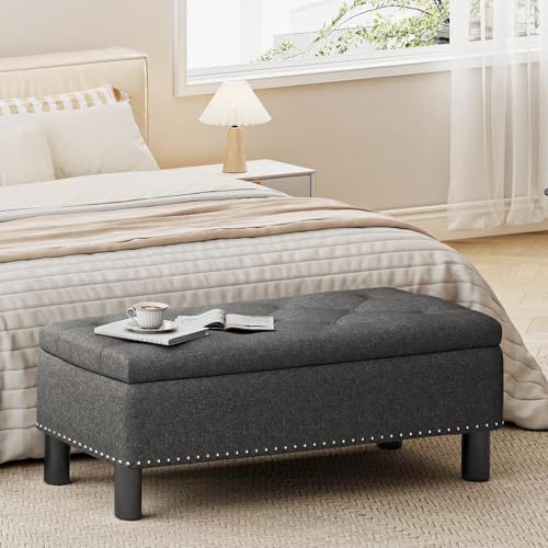 Storage Bench, Upholstered Linen Ottoman Bench with Button-Tufted, Folding Bedroom Bench with Wood Legs, Entryway Bench for Bedroom, Grey - color: Grey