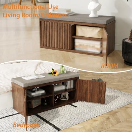 Shoe Cabinet Bench with Cushion,Double Layered Wooden Shoe Bench with Soft Cushion,Shoe Rack for Entryway,Bedroom,Living Room (Walnut Sturdy Entryway Bench) - color: 2 Door Walnut Sturdy Entryway Bench