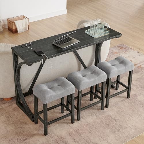 59" Dining Bar Table Set with Power Outlet, Behind Couch Sofa Table with 3 Padded Stools, 4 Piece Bar Table and Chairs Set for Living Room, Dining Room, Black - color: O1-black