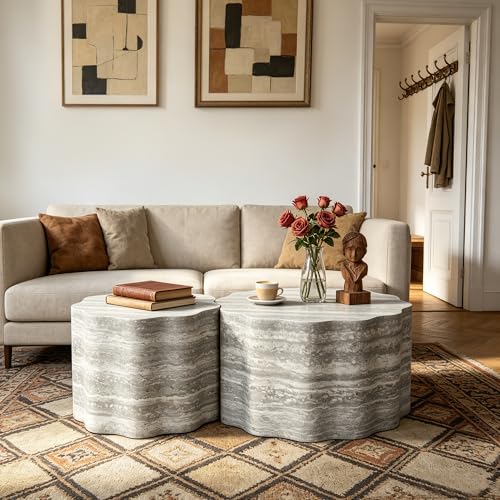 Nesting Coffee Table Set of 2, Modern Wood Center Table for Living Room, Faux Mars Pattern Side Table Accent End Table for Apartment Office, No Need Assembly (26.7"& 23.6",Beige & Grey) - color: 26.7"& 23.6" Beige Grey