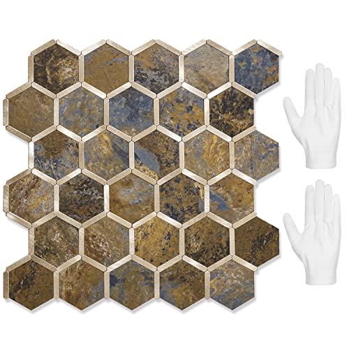 STICKGOO Hexagon Peel and Stick Backsplash Tile, Stick on Backsplash for Kitchen and Bathroom, Rust Slate Look PVC Mixed Metal Gold Self Adhesive Metal Mosaic Tiles(10 Sheets, Seamless) - color: Rust Slate with Metal Gold
