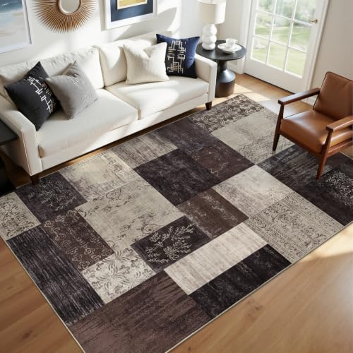 6x9 Area Rugs for Living Room, Washable Non Slip Bedroom Rug, Soft Low Pile Large Modern Geometric Carpet Indoor for Dining Room Kids Room Nursery Office - color: Brown, size: 6' x 9' (Rectangular)