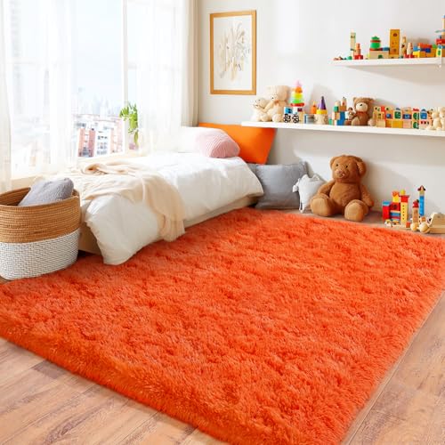 Area Rugs for Living Room 6x9, Orange Ultra Fluffy Shag Rug for Bedroom | Fuzzy Shag Shaggy Carpets for Bedroom, Modern Non-Slip Indoor Soft Plush Furry Rug for Boy Girls Room Dorm Home Decor - color: Orange, size: 6' x 9' (Rectangular)