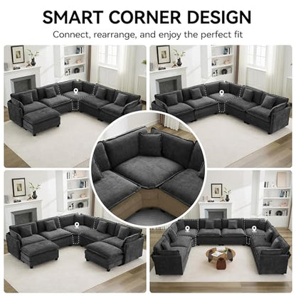 113'' V Shaped Cloud Sectional Sofa, Oversized Deep Seat Couches for Living Room, Chenille Comfy Upholstered Modular Sectional Sofa Couch with 2 Movable Ottoman, Dark Grey - color: Dark Grey, size: 113'' V Shaped+2 Ottoman