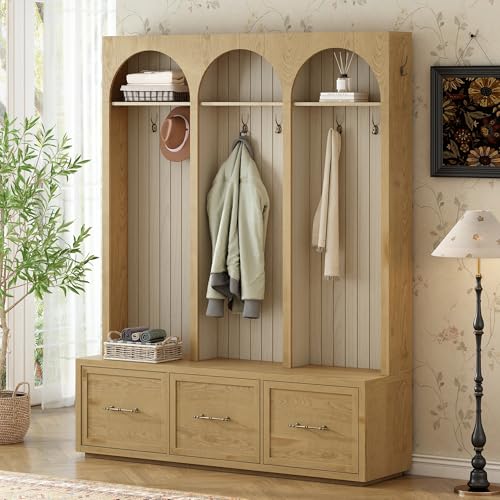 JIVOIT Farmhouse Hall Tree with Three Arched Design, All-in-One Design Wooden Coat Rack & Shoe Organizer with 3 Drawers, 59" Wide Entryway Bench with 8 Retro Hooks for Mudroom, Living Room - color: Oak//538
